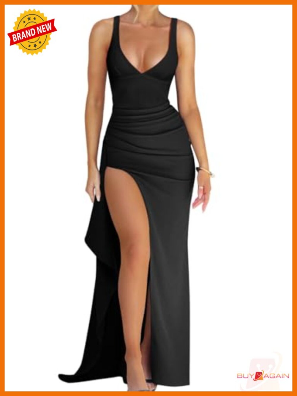 Memoriesea Sexy Plunge Neckline Bodycon High Slit Party Maxi Dress